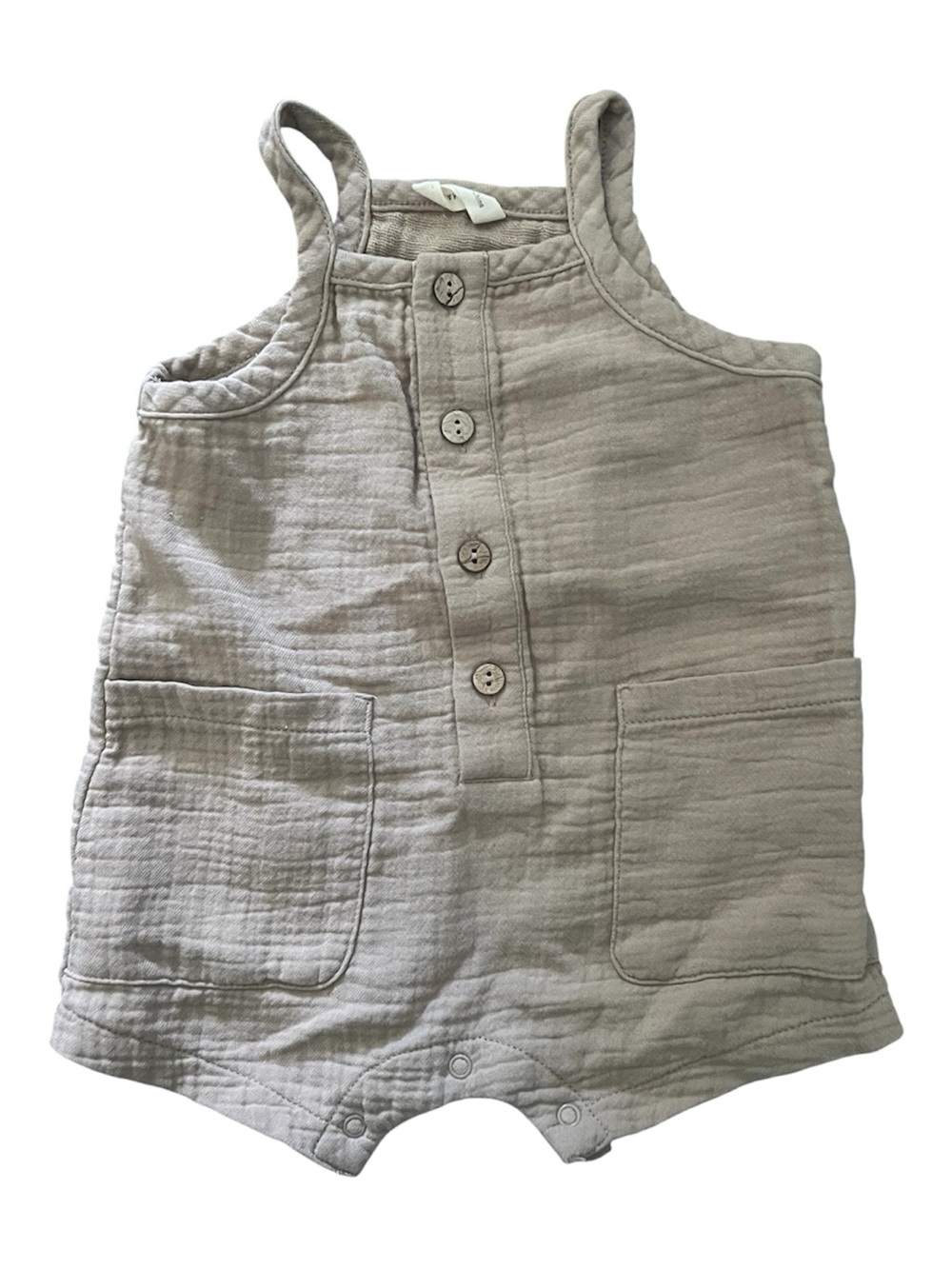 Quincy Mae Beige Muslin Button Romper 3-6M Neutral Baby